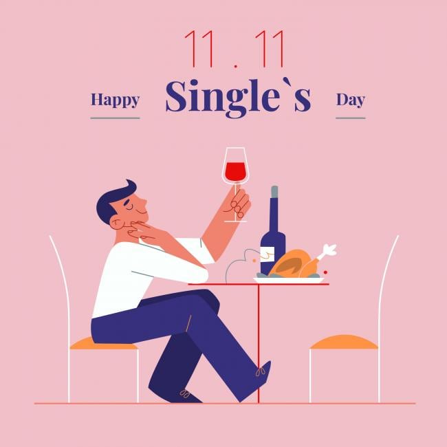 Illustration of a man sitting at a table happily having dinner and wine by himself. 